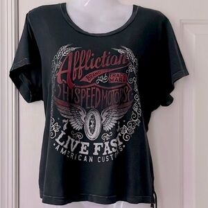 Affliction • Moto Graphic Oversized Lace Up Crop Top Tee • Women's Size XL